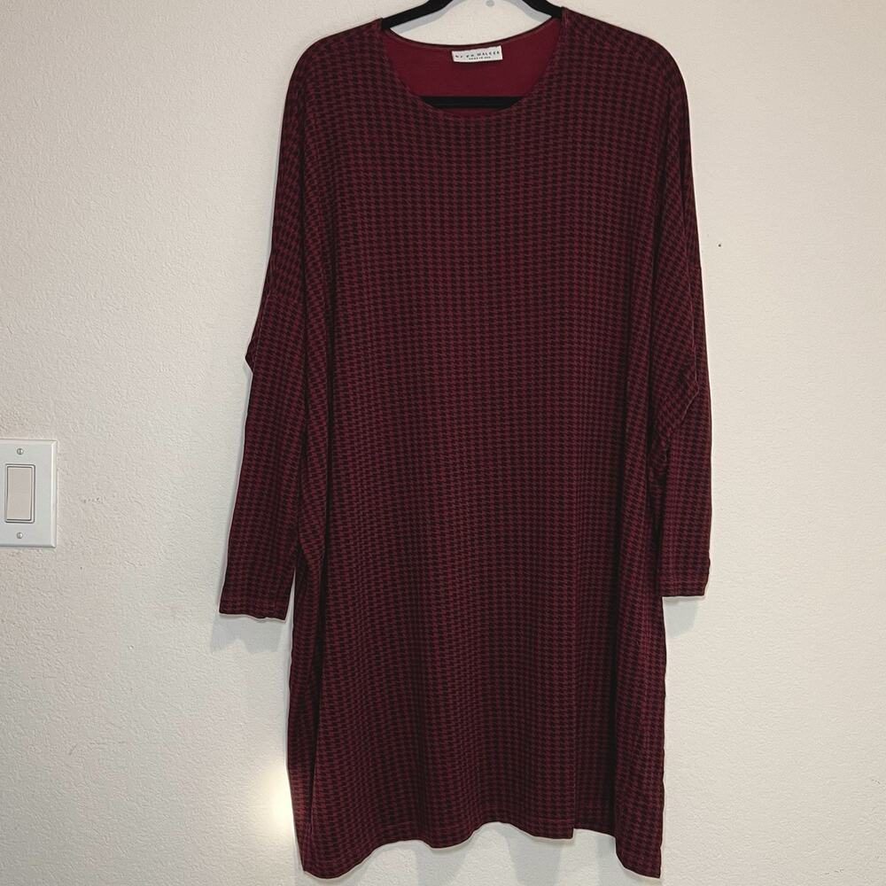 Bryn Walker Alona Dress Size S Burgundy Black Houndstooth Dolman Sleeves Relaxed